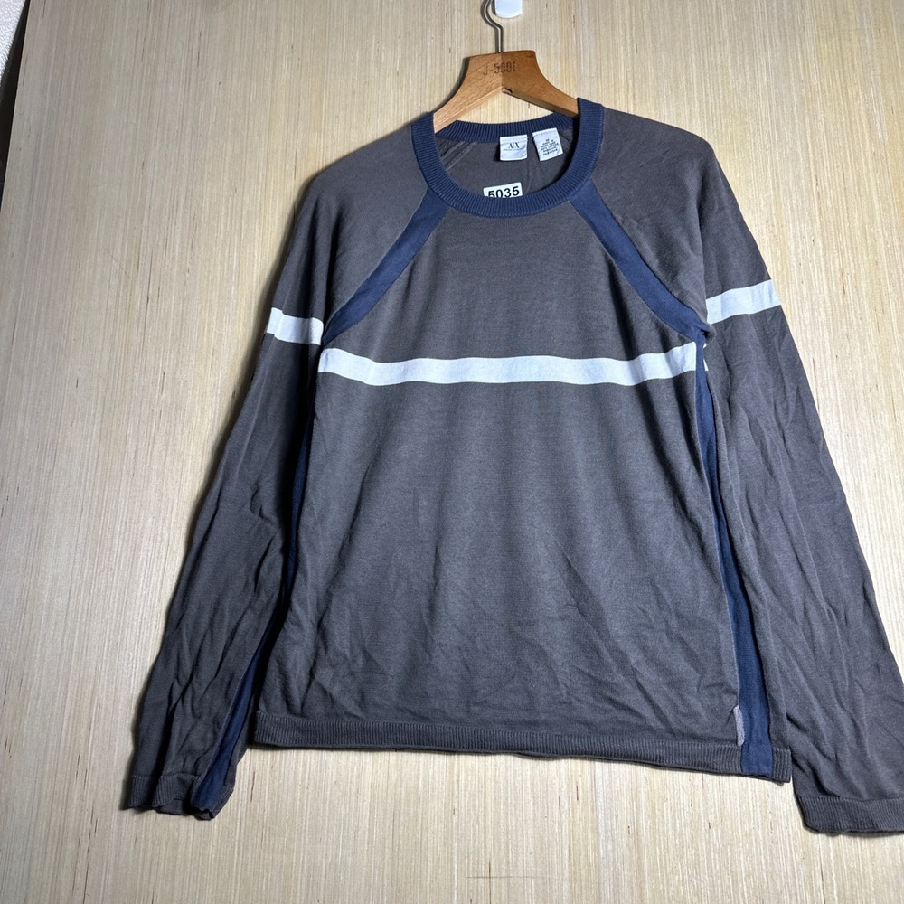 Armani Exchange Sweater Mens Medium Grey Blue 90s Stripe Raglan Long Sleeve - Picture 4 of 12